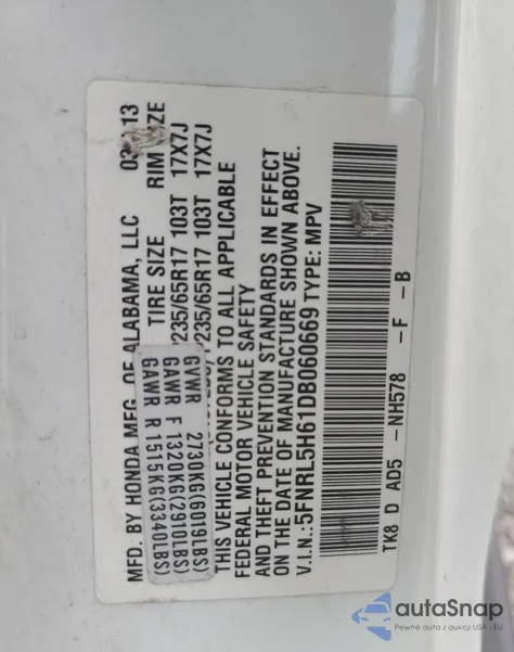 2013 Honda Odyssey Exl from USA, damaged, VIN 5FNRL5H61DB060669